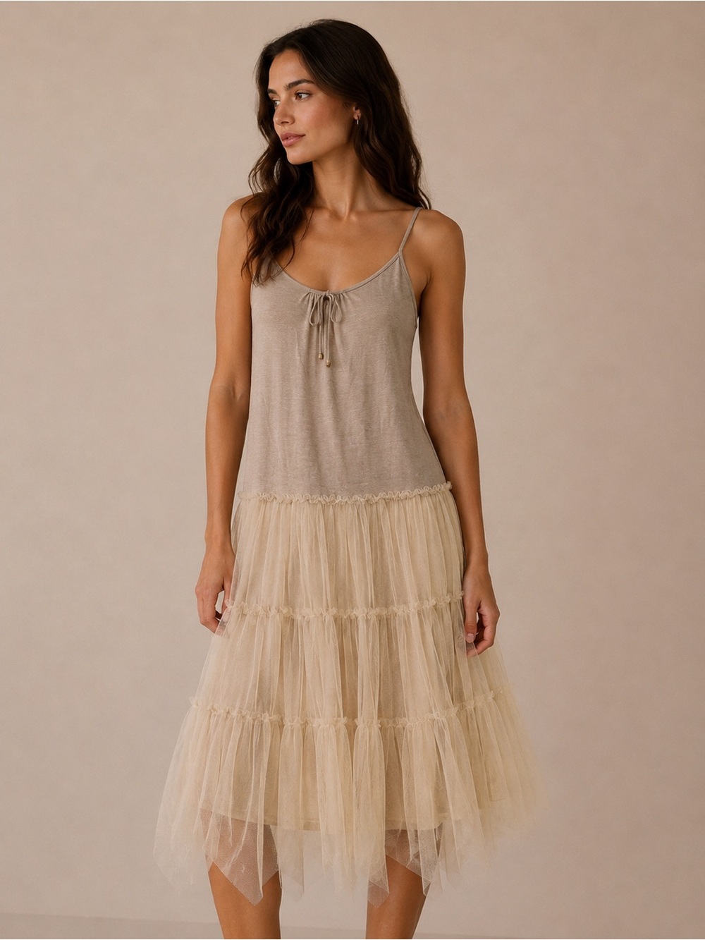 A’Reve Beige Tiered Tulle Midi Dress Fairycore Size Small NWT